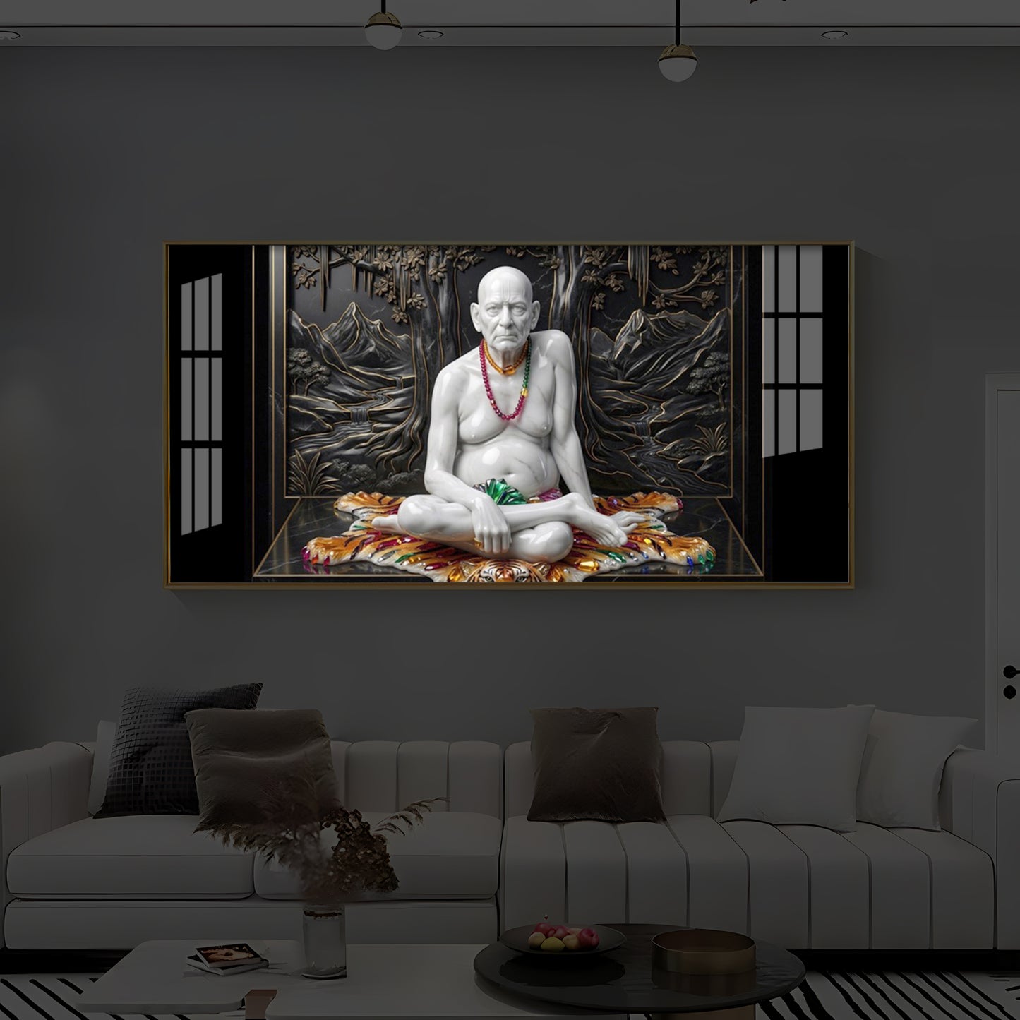 White Marble Swami Samarth Modern Luxury Backlight Horizontal Wall Art