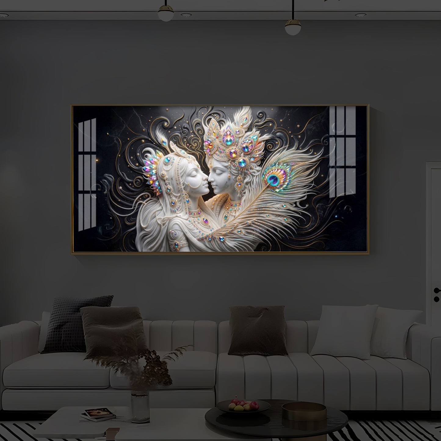Depicts Radha Krishna Modern Luxury Backlight Horizontal Wall Art