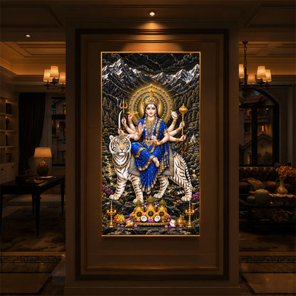 Maa Durga In Blue Saree Modern Luxury Backlight Vertical Wall Art