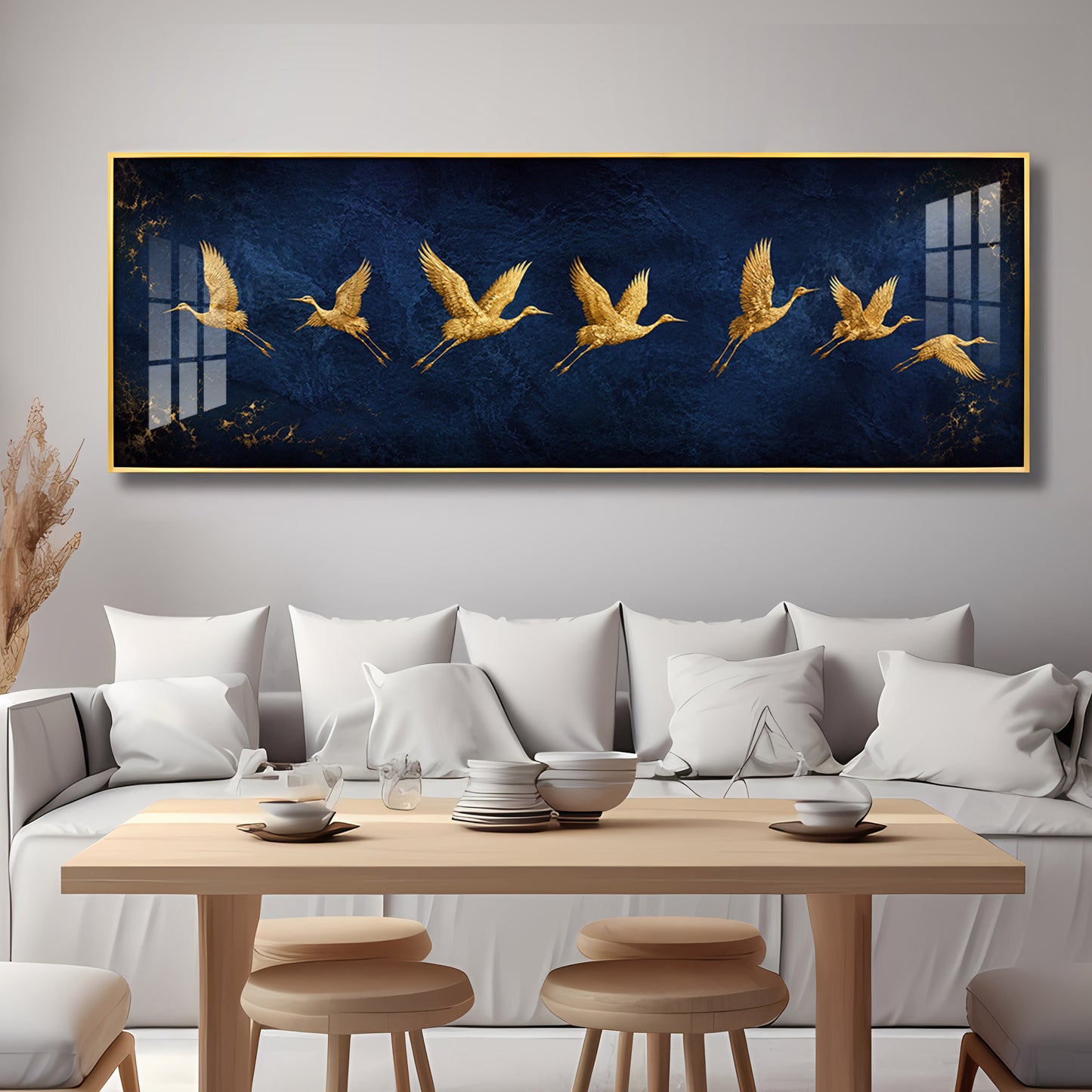 Golden Flying Cranes Dark Blue Premium Acrylic Horizontal Wall Art