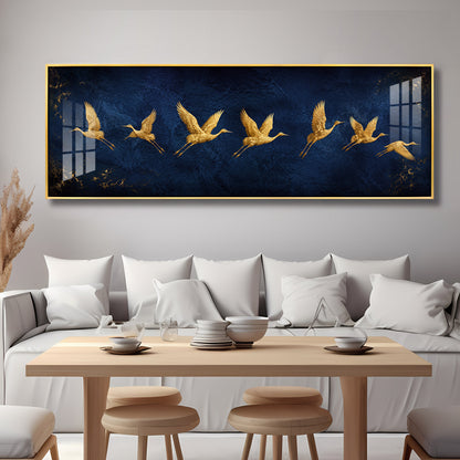 Golden Flying Cranes Dark Blue Premium Acrylic Horizontal Wall Art