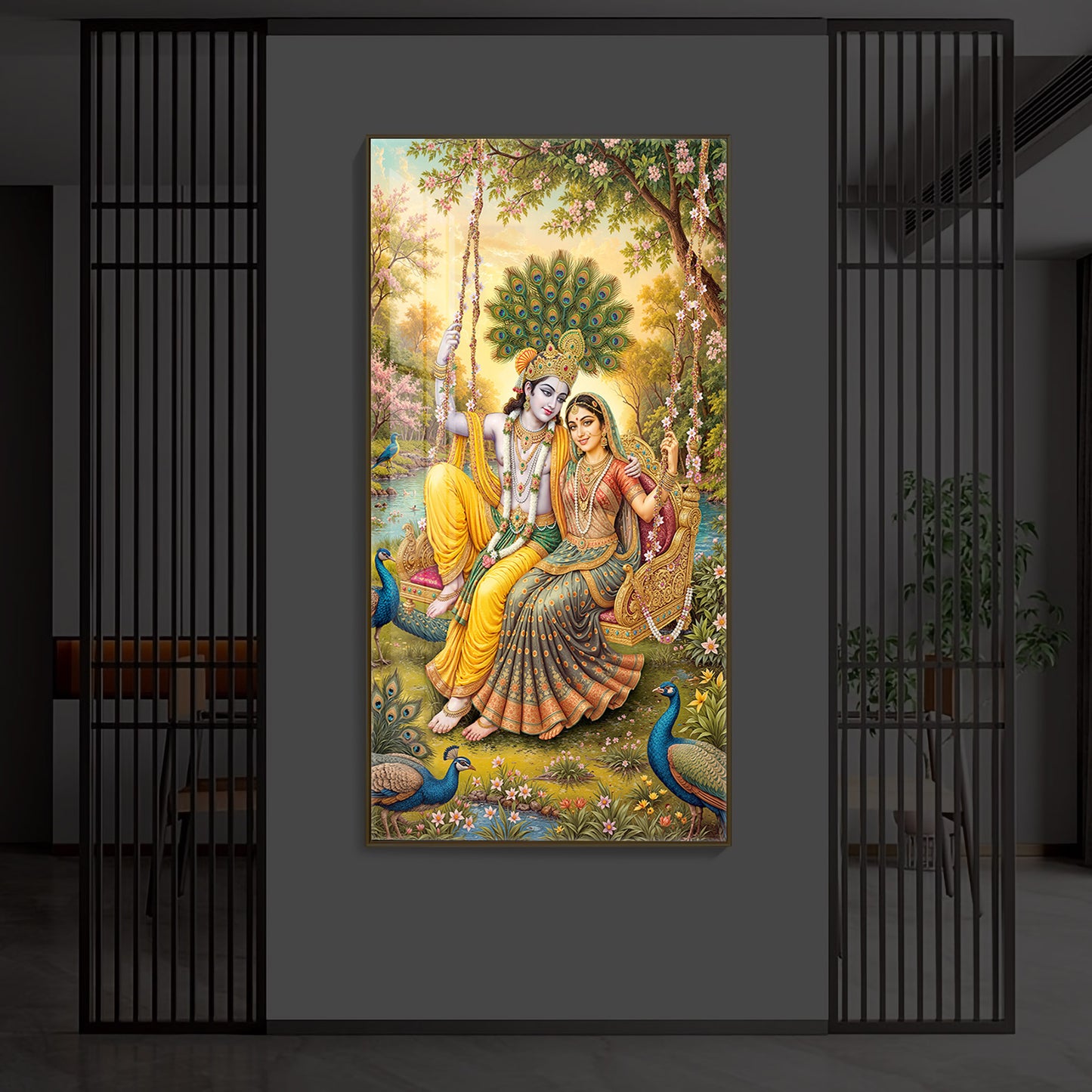 Jai Shri Radha Krishna Modern Luxury Backlight Vertical Wall Art