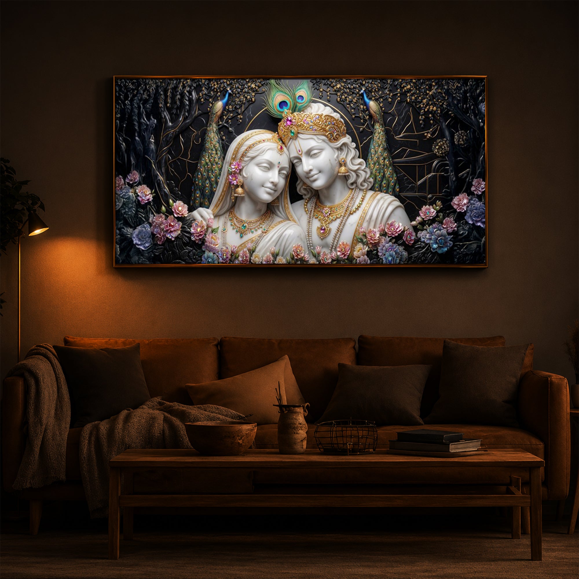 Beautiful Radha Krishna Modern Luxury Backlight Horizontal Wall Art