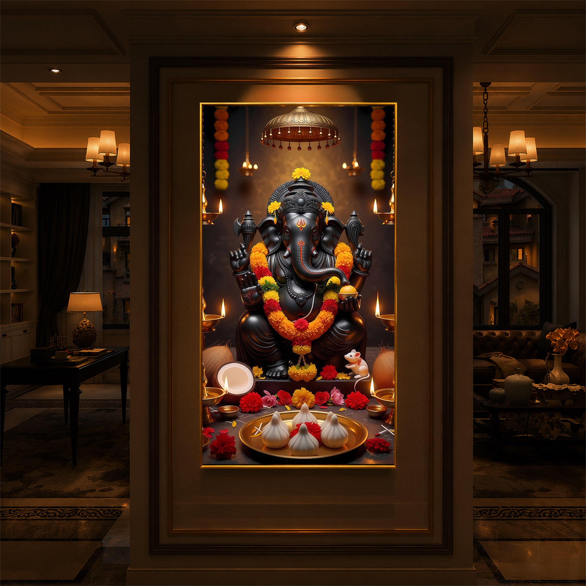 Shri Ganesh Ji Modern Luxury Backlight Vertical Wall Art