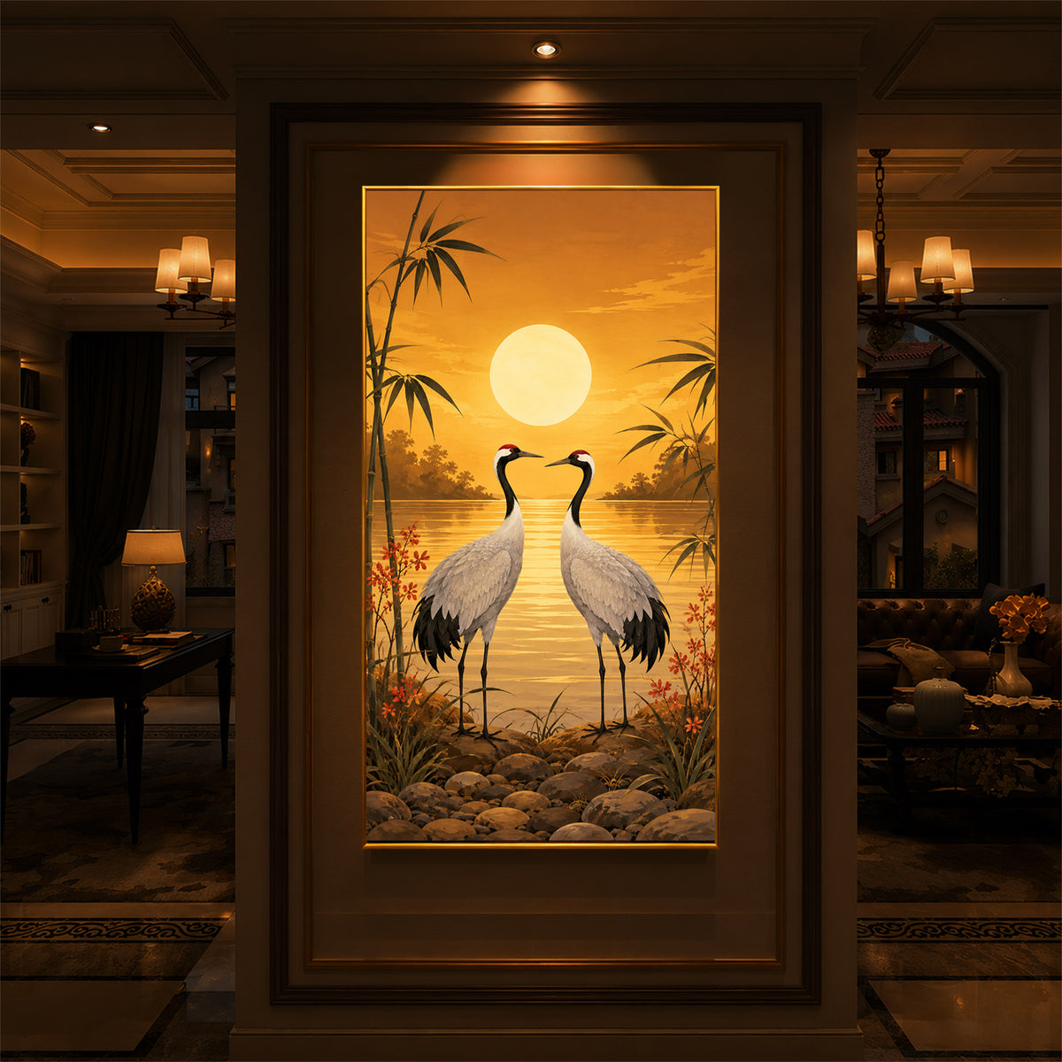Sunset Crane Pair Modern Luxury Backlight Vertical Wall Art