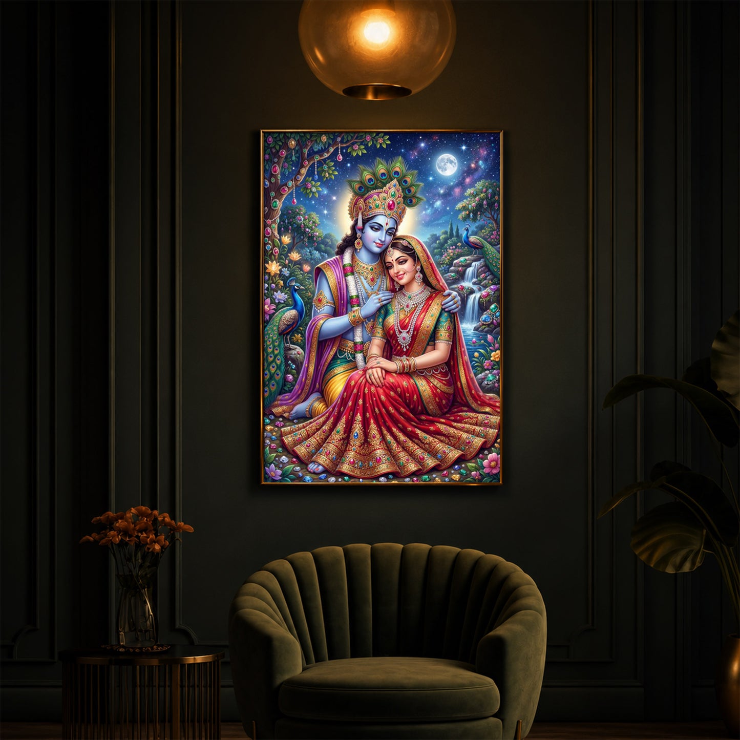 Divine Radha Krishna Serenity Modern Luxury Backlight Vertical Wall Art