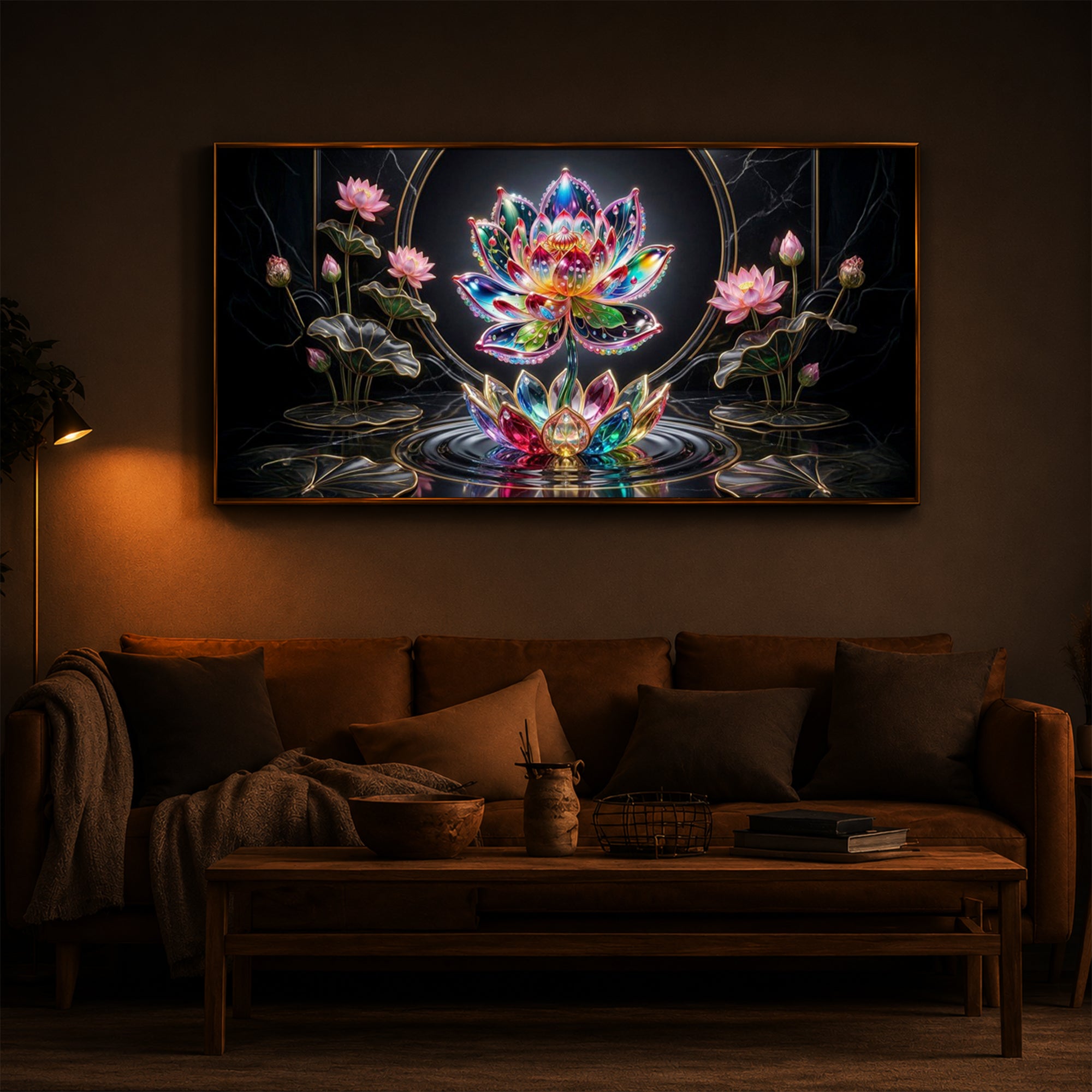Colorful Lotus Flower Modern Luxury Backlight Horizontal Wall Art