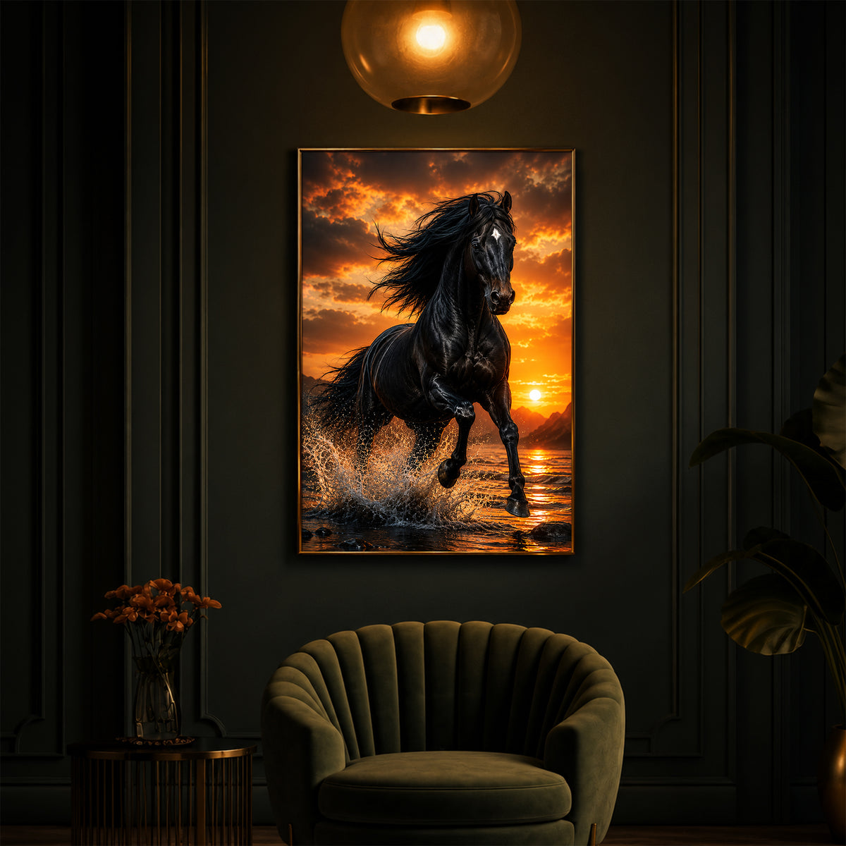 Vastu Black horse Modern Luxury Backlight Vertical Wall Art