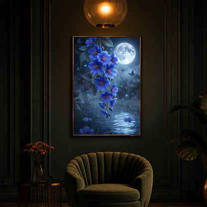 Moonlit Blue Blossoms Modern Luxury Backlight Vertical Wall Art