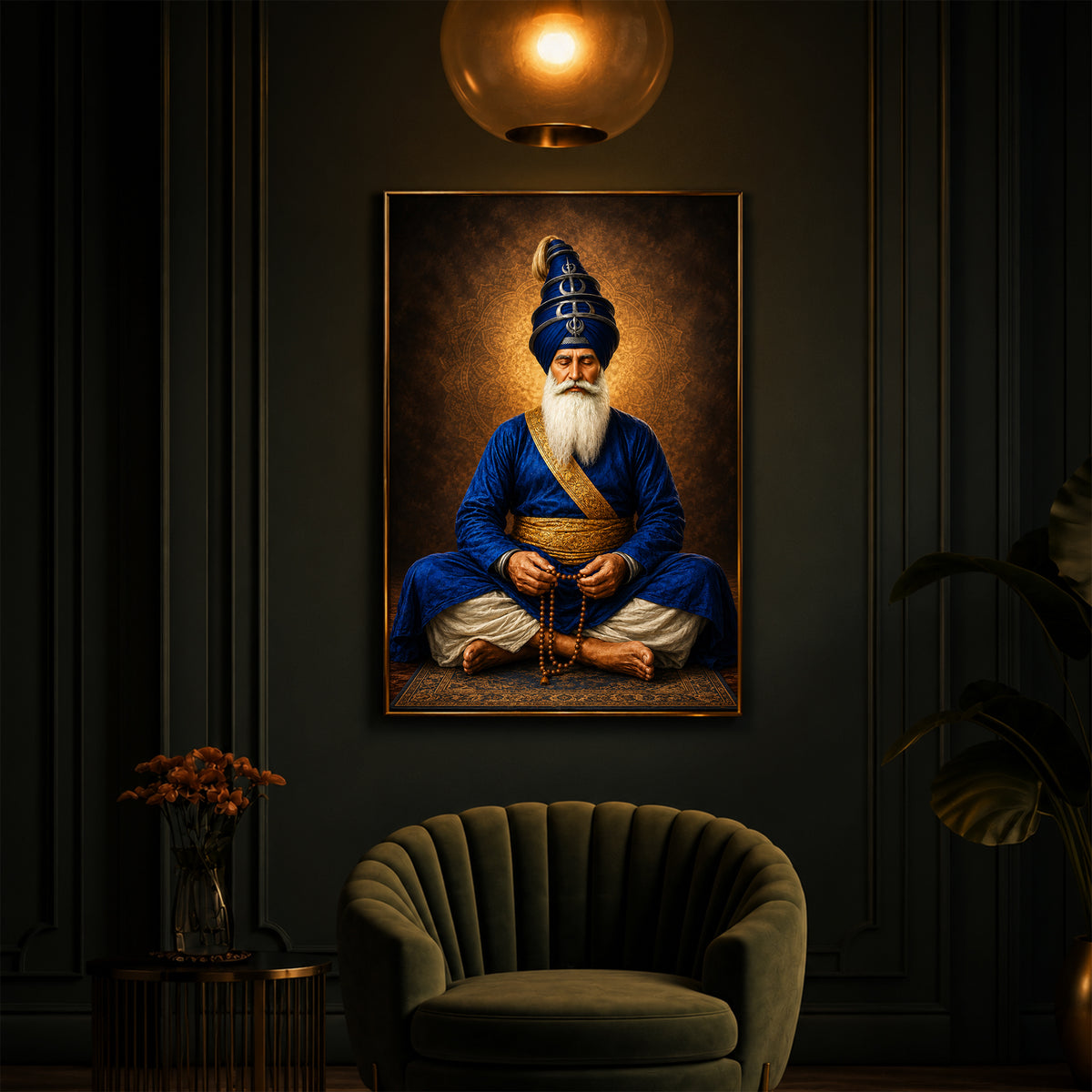 Divine Meditating Sikh Warrior Saint Modern Luxury Backlight Vertical Wall Art