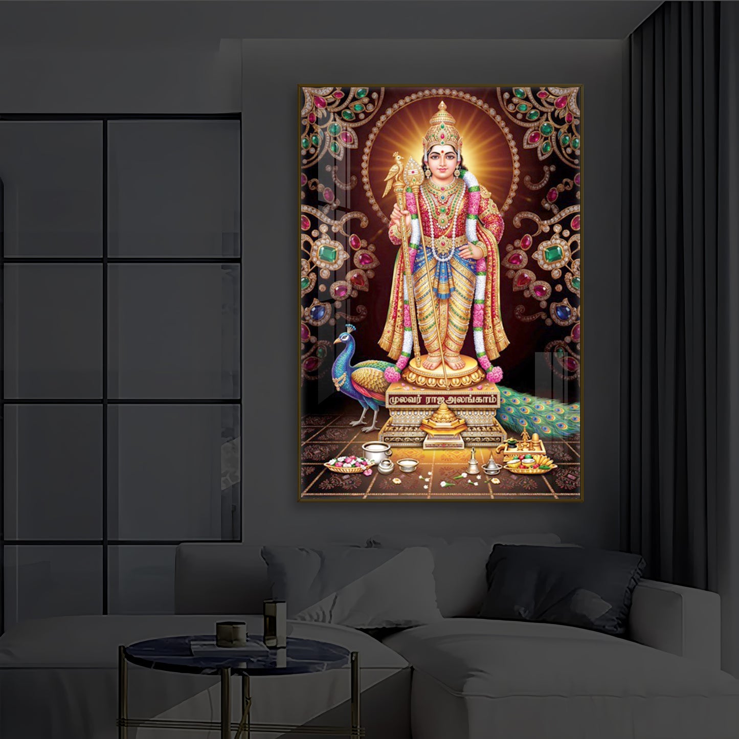 Lord Murugan With Peacock Modern Luxury Backlight Vertical Wall Art