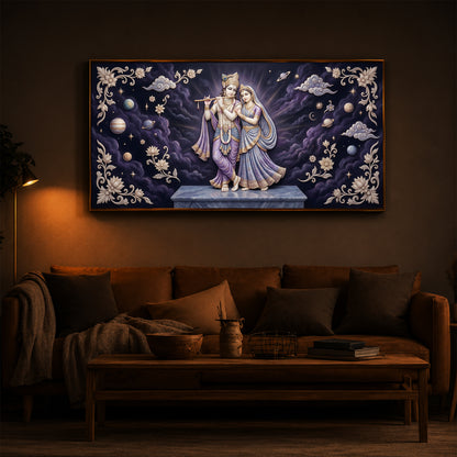 Radha Krishna With Purple Background Modern Luxury Backlight Horizontal Wall Art