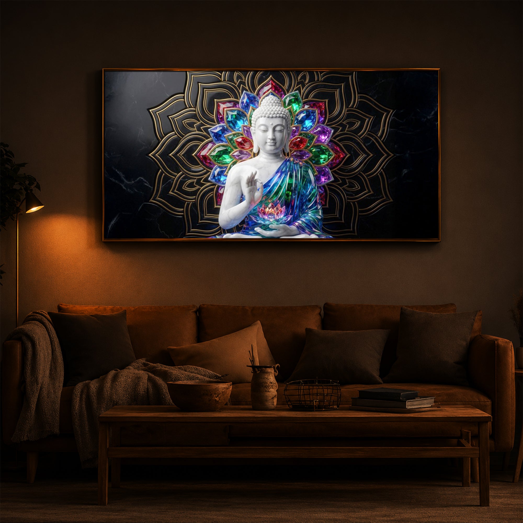 Meditating Buddha Modern Luxury Backlight Horizontal Wall Art