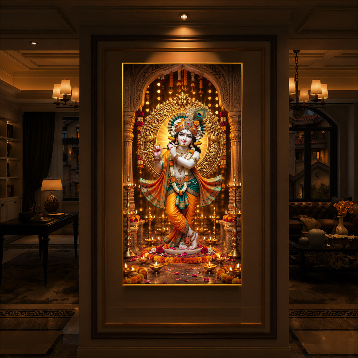 Lord Krishna Playing Flute In Standing Pose Modern Luxury Backlight Vertical Wall Art