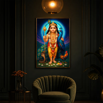Lord Murugan Ji Modern Luxury Backlight Vertical Wall Art