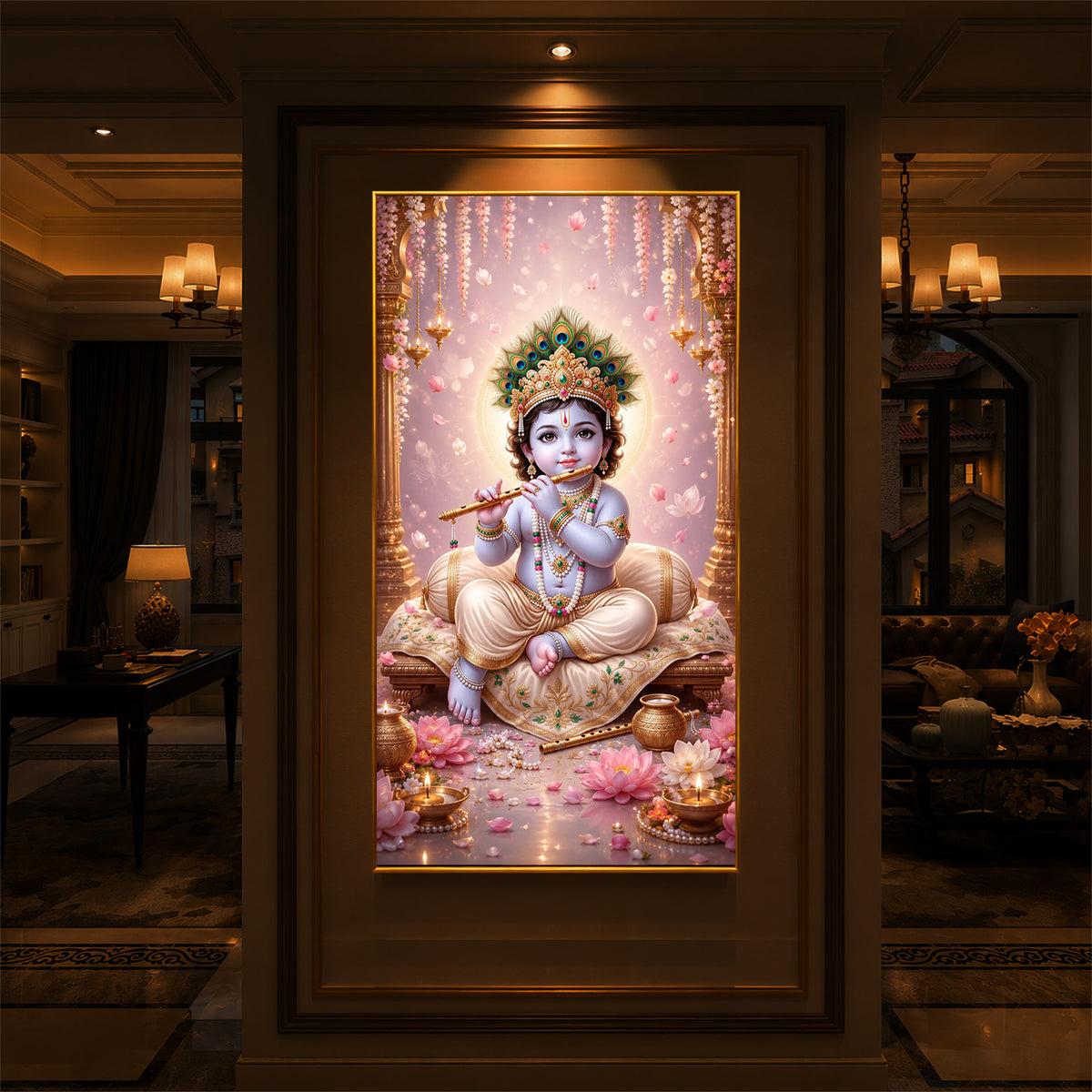 Little Laddu Gopal Playing Flute Modern Luxury Backlight Vertical Wall Art