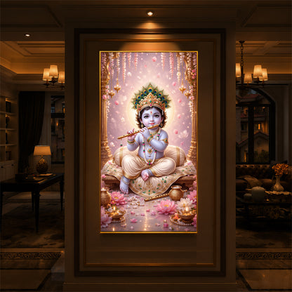 Little Laddu Gopal Playing Flute Modern Luxury Backlight Vertical Wall Art