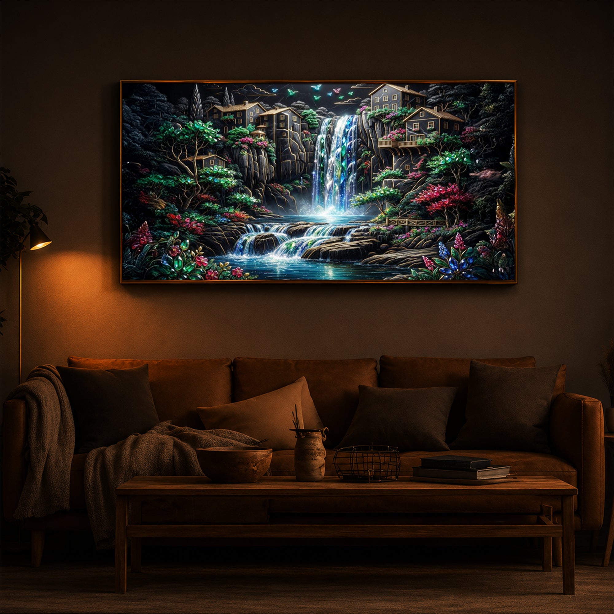 Lush Mountain Waterfall Modern Luxury Backlight Horizontal Wall Art