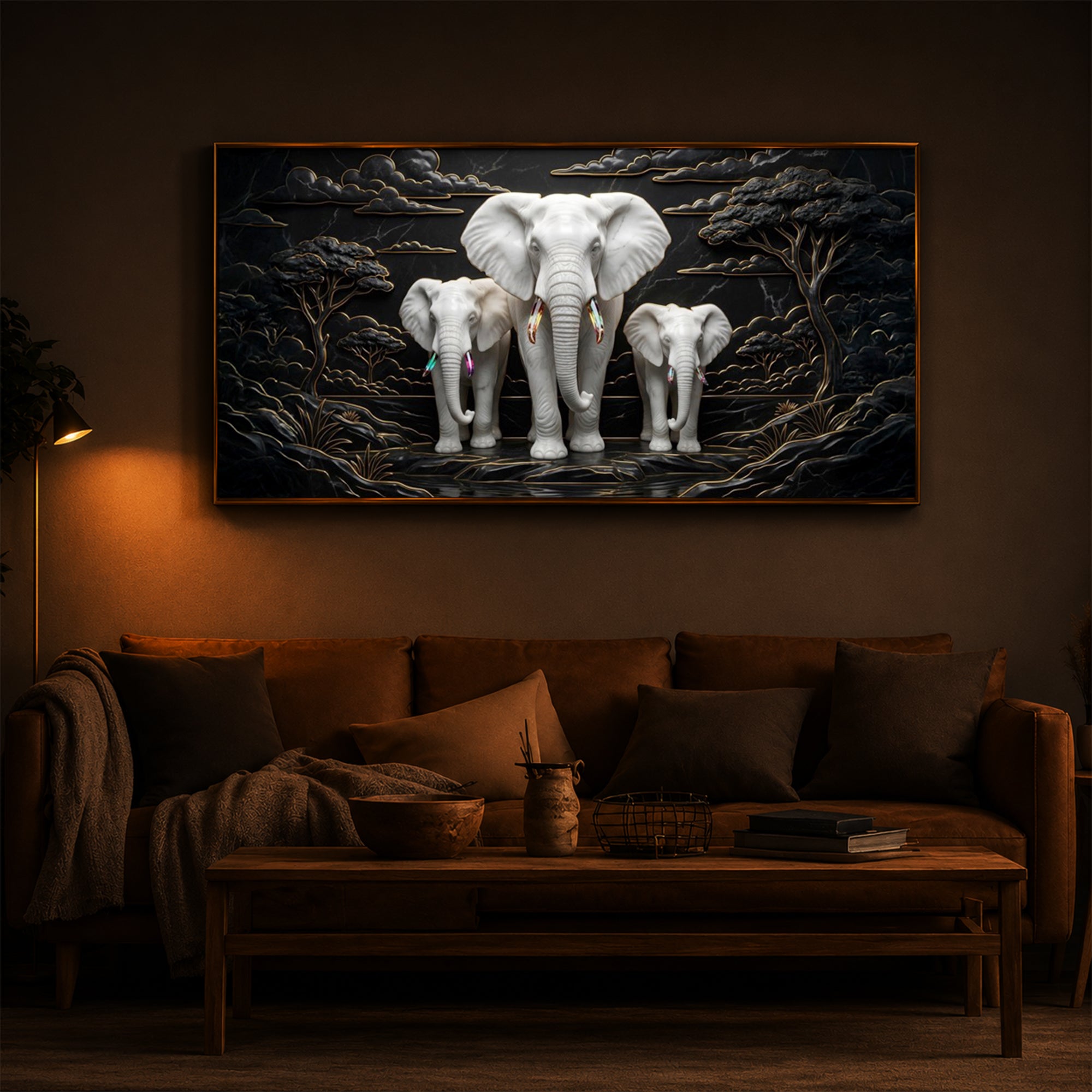 White Elephant Family Modern Luxury Backlight Horizontal Wall Art