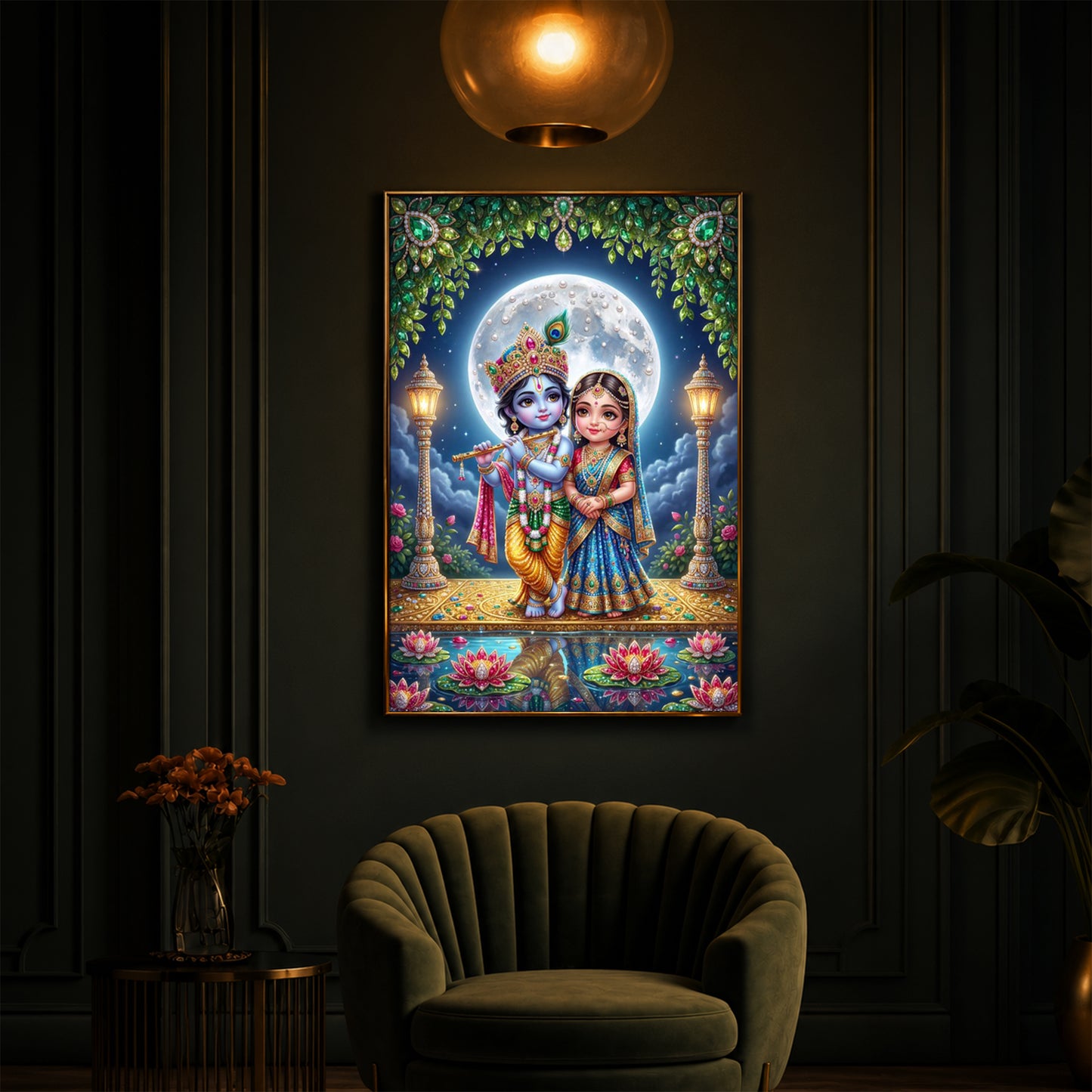 Little Radha Krishna Modern Luxury Backlight Vertical Wall Art