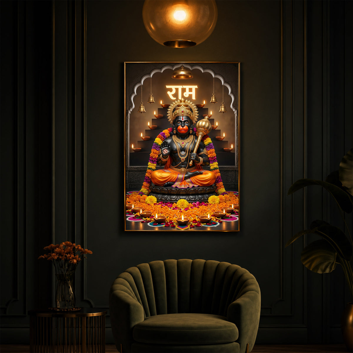 Seated Hanuman Modern Luxury Backlight Vertical Wall Art