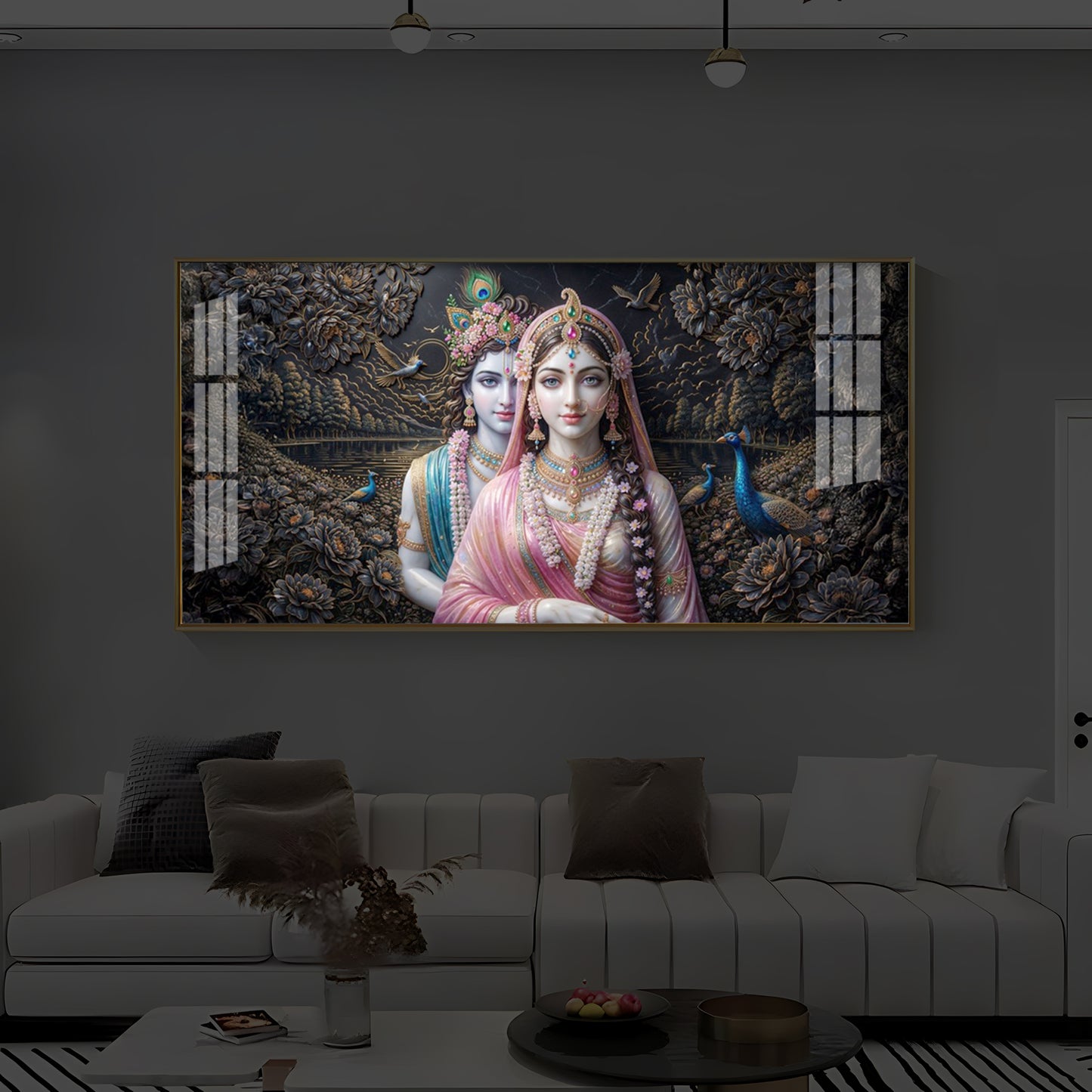 Blissful Radha Krishna Modern Luxury Backlight Horizontal Wall Art