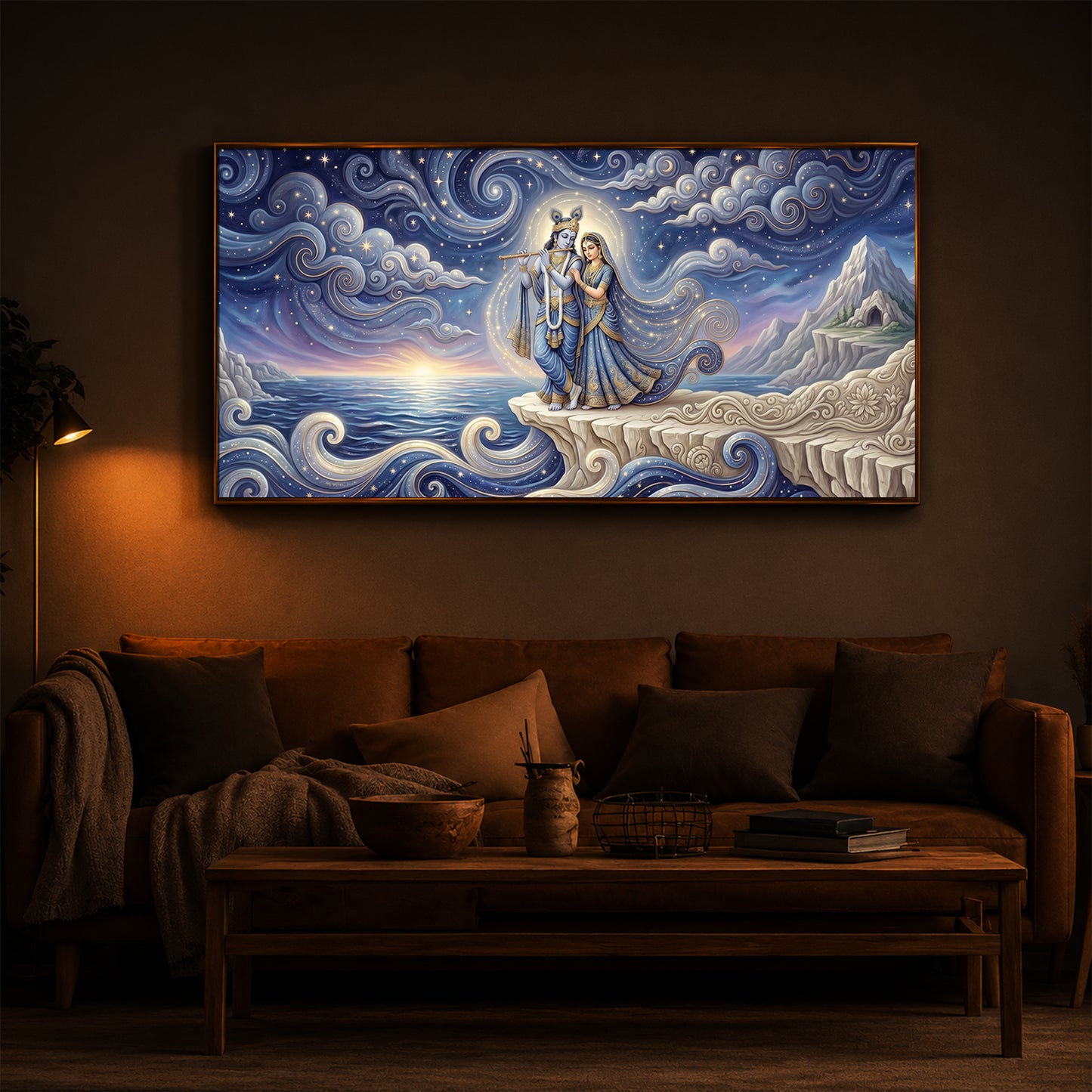 Divine Couple Radha Krishna With Flute Modern Luxury Backlight Horizontal Wall Art