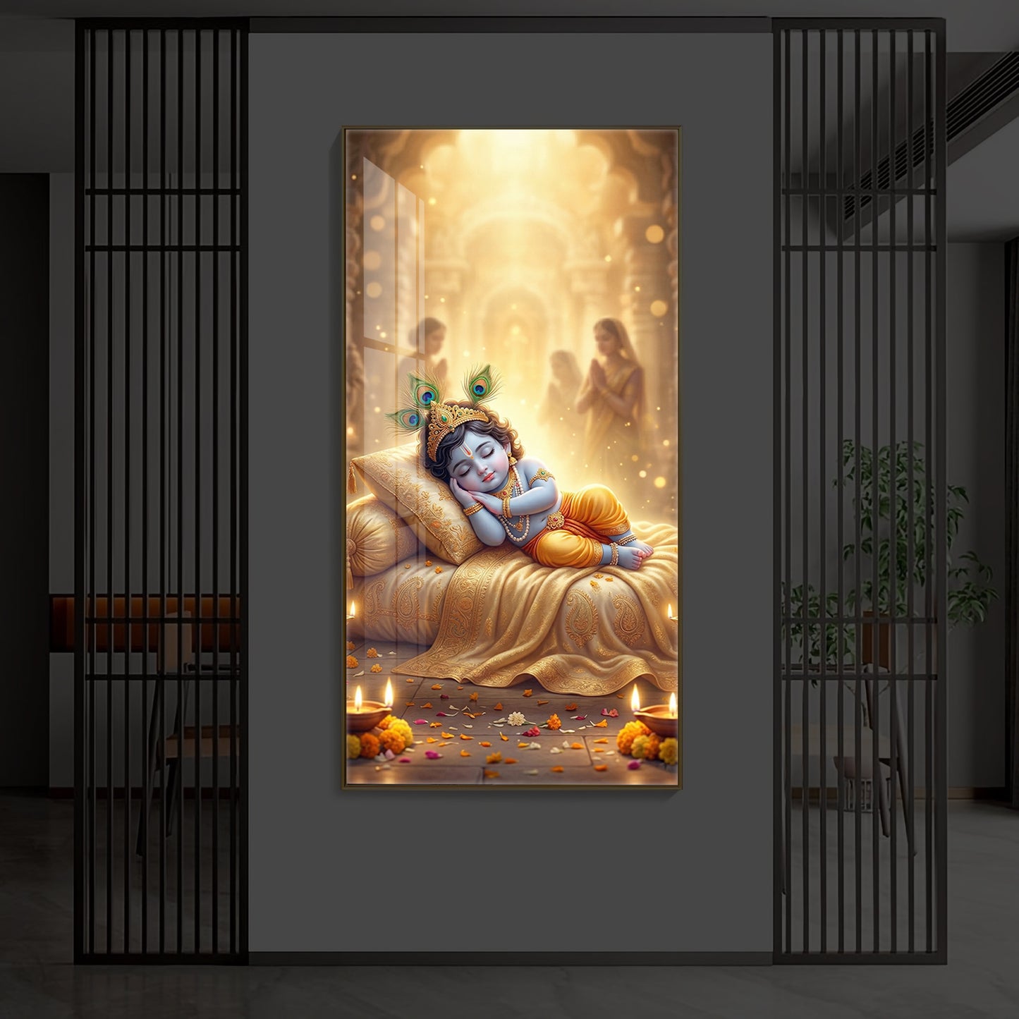 Sleeping Little Krishna Ji Modern Luxury Backlight Vertical Wall Art