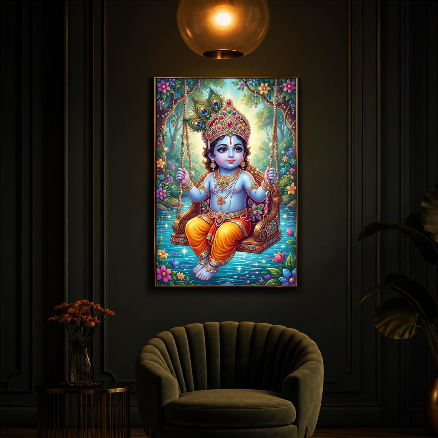 Divine Lord Krishna Modern Luxury Backlight Vertical Wall Art