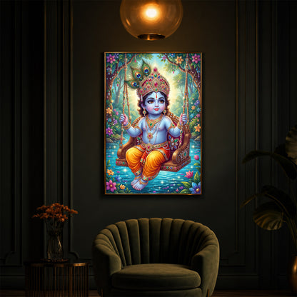 Divine Lord Krishna Modern Luxury Backlight Vertical Wall Art