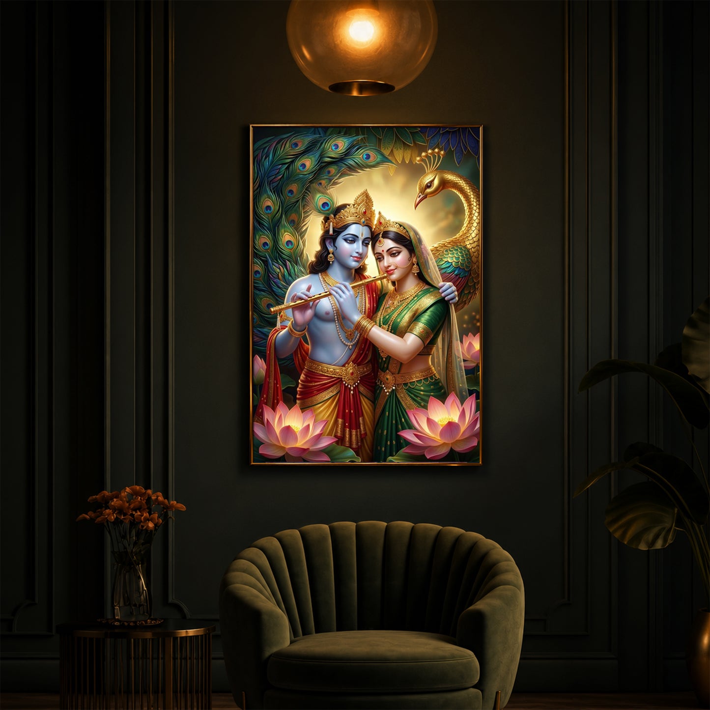 Depiction Of Radha Krishna Modern Luxury Backlight Vertical Wall Art