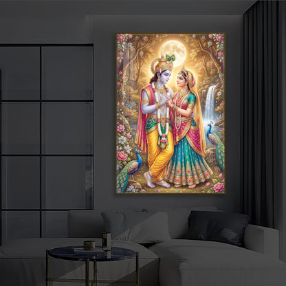 Radha Krishna in Vrindavan Garden Modern Luxury Backlight Vertical Wall Art