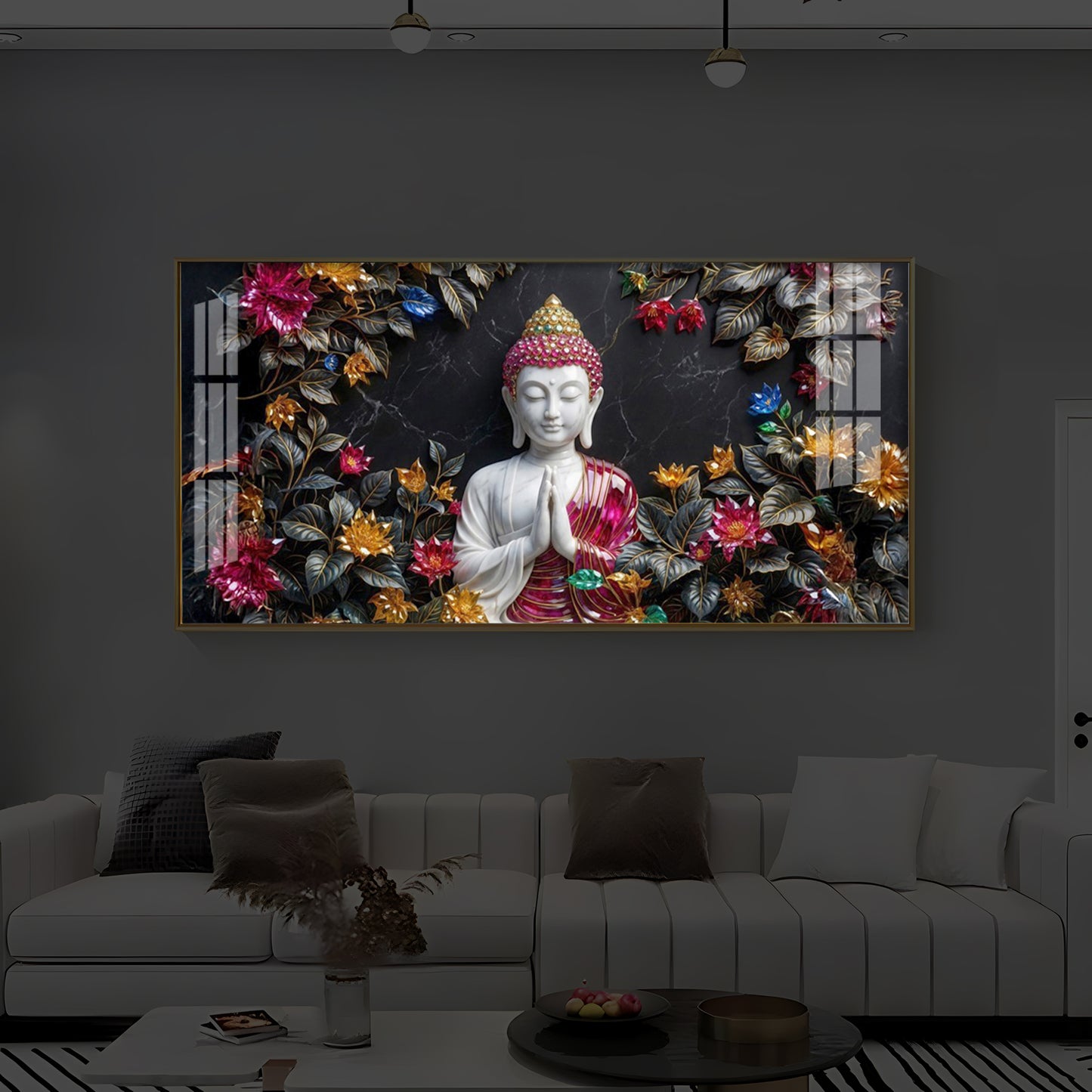 White Buddha With Pink Lotus Modern Luxury Backlight Horizontal Wall Art