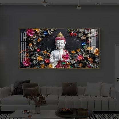 White Buddha With Pink Lotus Modern Luxury Backlight Horizontal Wall Art