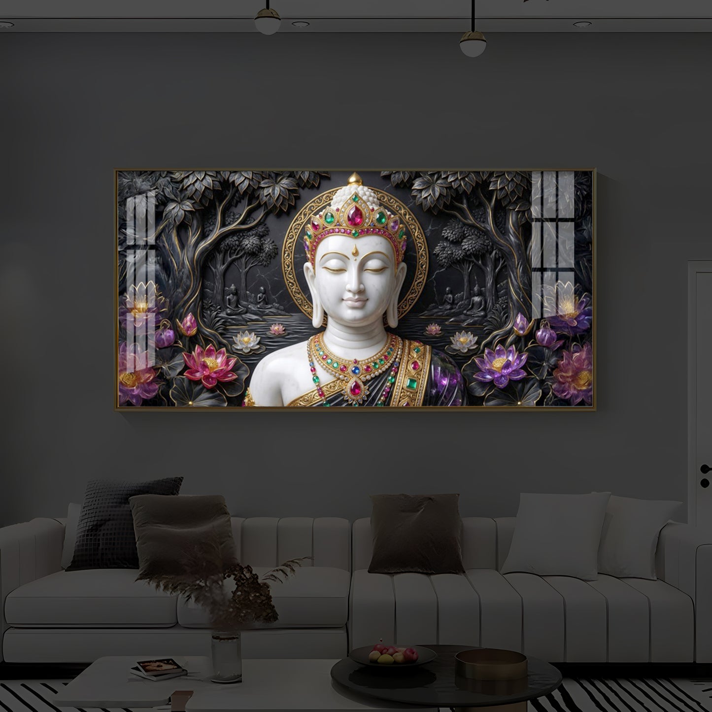 Lotus Serenity Lord Buddha Modern Luxury Backlight Horizontal Wall Art