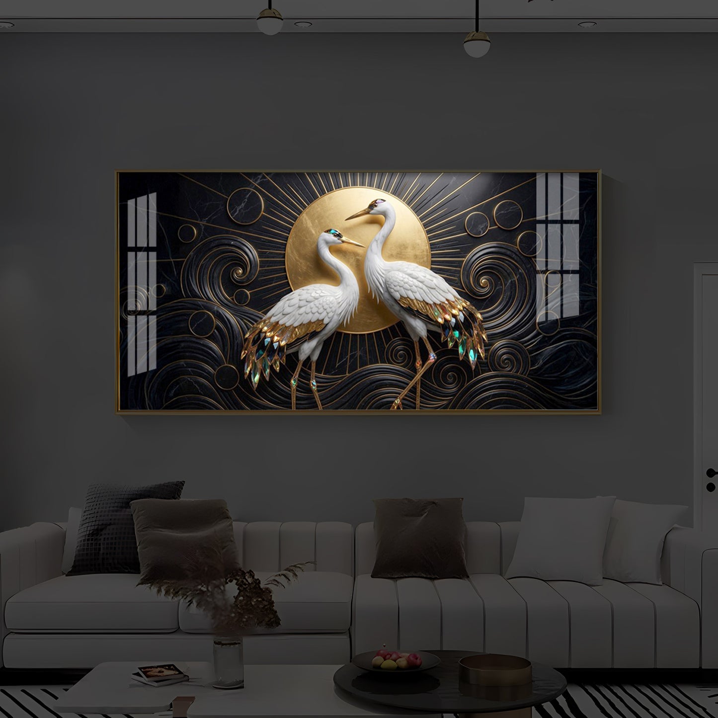White Crane Modern Luxury Backlight Horizontal Wall Art