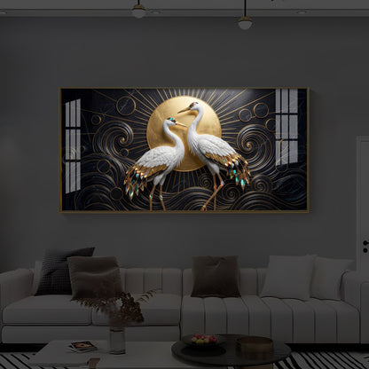 White Crane Modern Luxury Backlight Horizontal Wall Art
