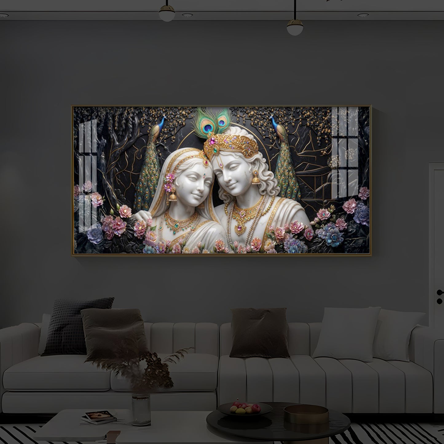 Beautiful Radha Krishna Modern Luxury Backlight Horizontal Wall Art