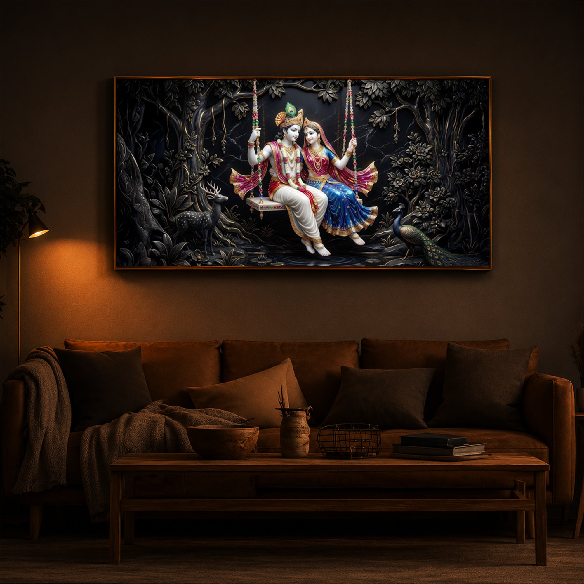 Radha Krishna Swing Modern Luxury Backlight Horizontal Wall Art