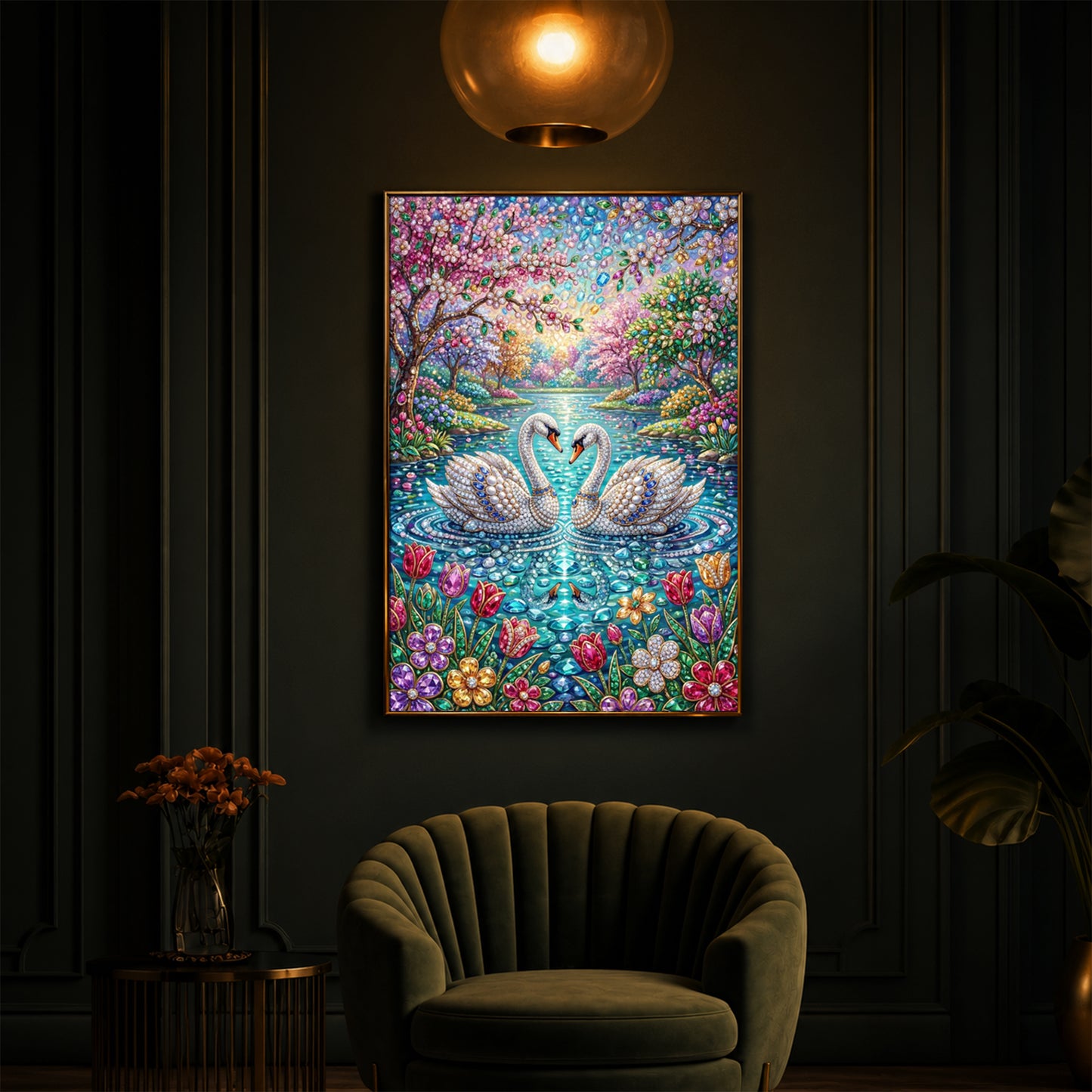 Pair Of Swans Modern Luxury Backlight Vertical Wall Art