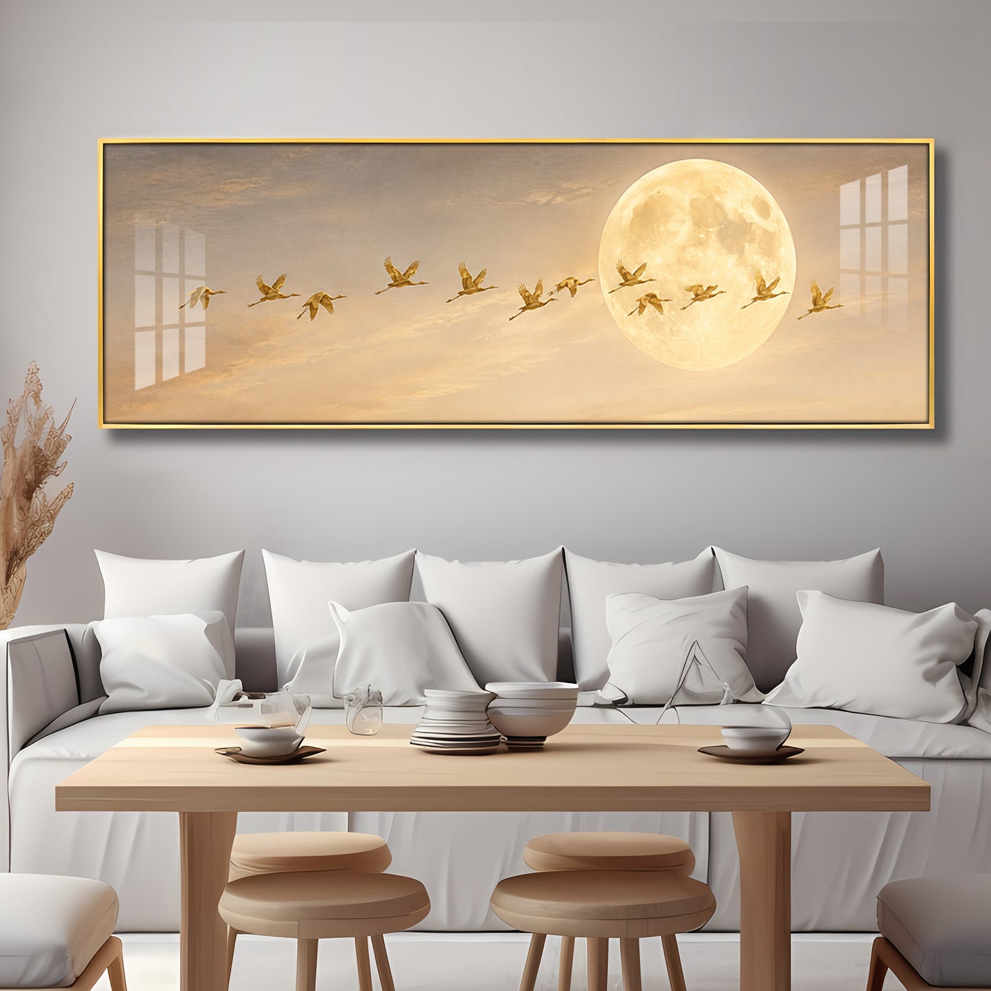 Golden Flying Cranes Full Moon Premium Acrylic Horizontal Wall Art