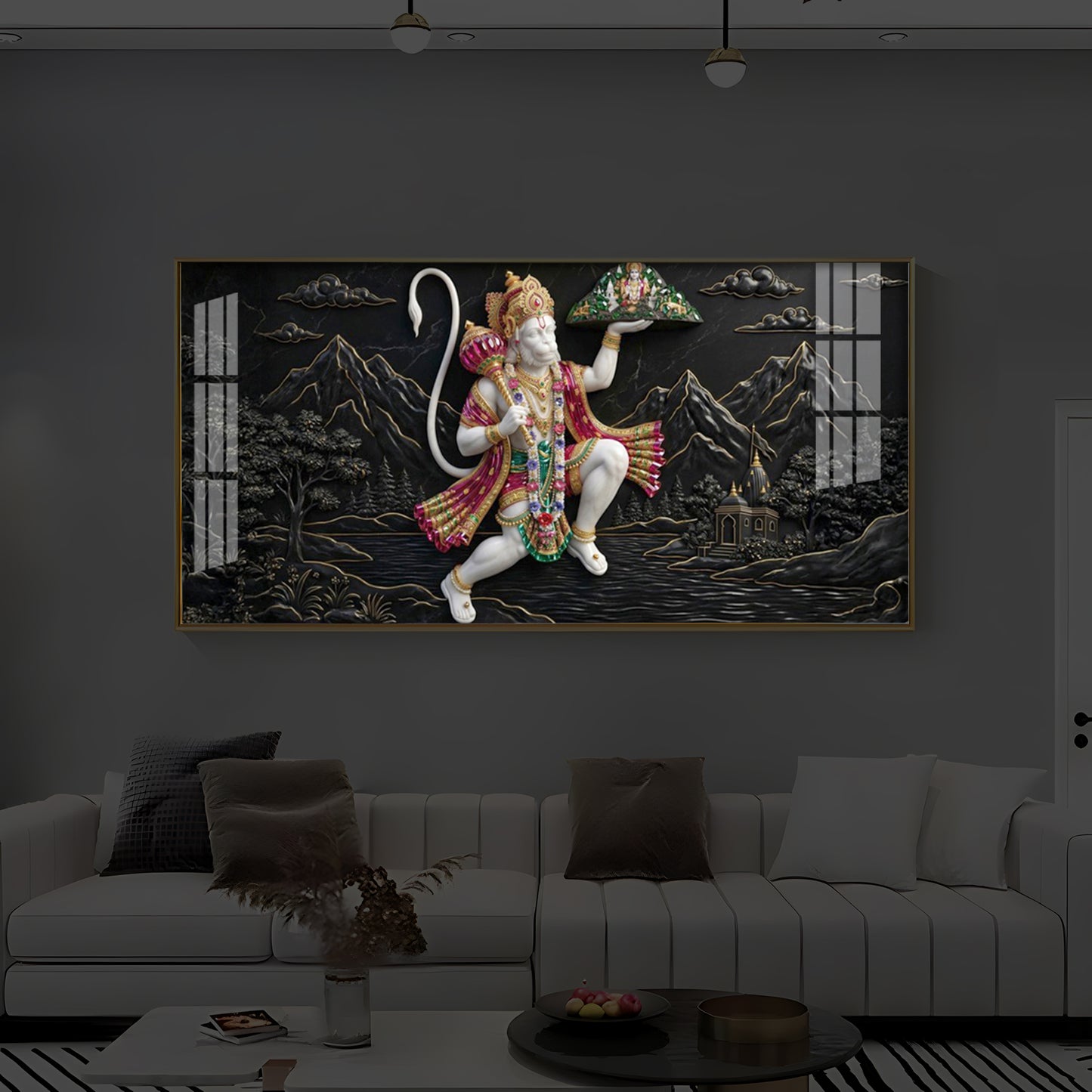 Lord Hanuman Carrying Sanjeevani Mountain Modern Luxury Backlight Horizontal Wall Art