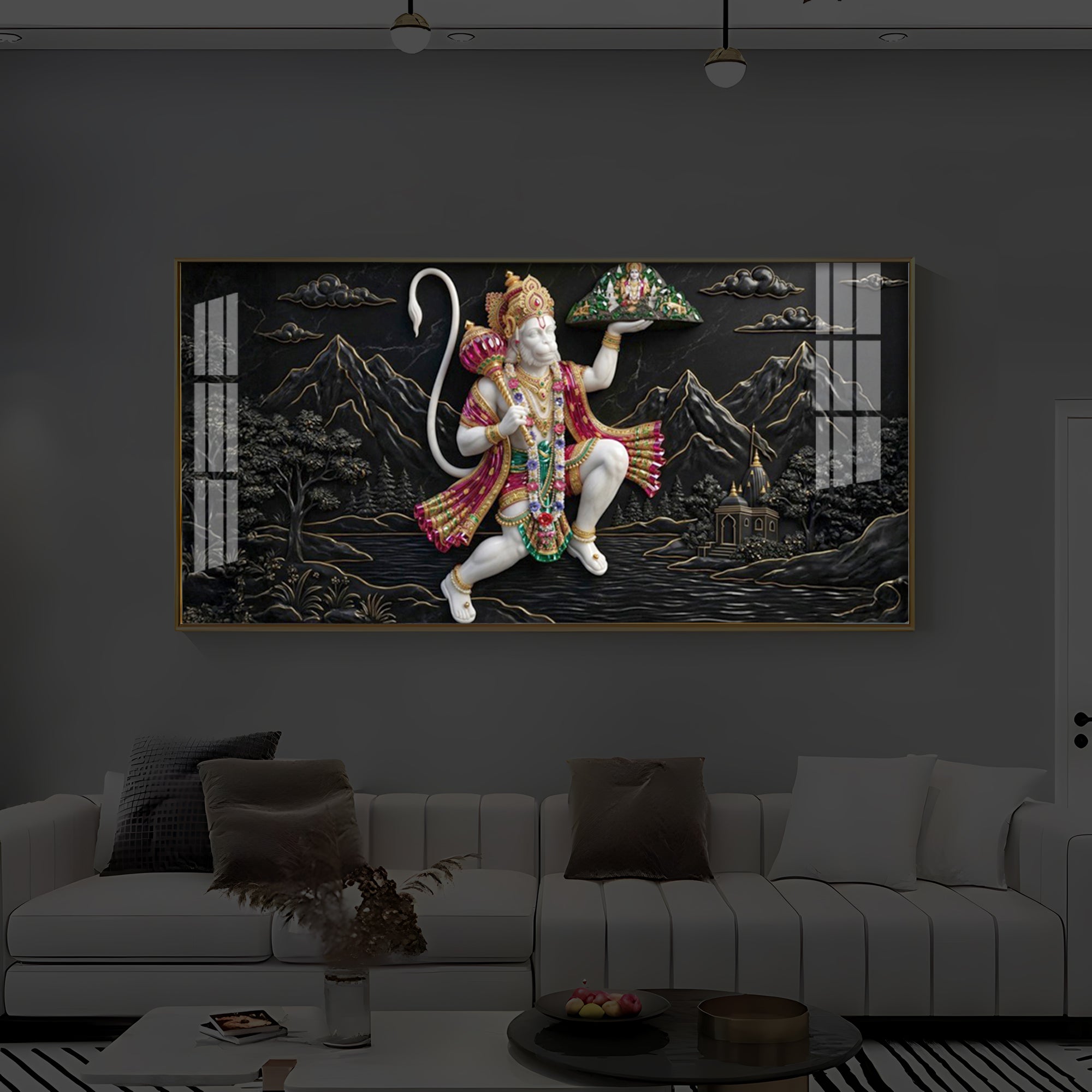 Lord Hanuman Carrying Sanjeevani Mountain Modern Luxury Backlight Horizontal Wall Art