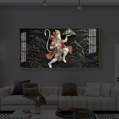 Lord Hanuman Carrying Sanjeevani Mountain Modern Luxury Backlight Horizontal Wall Art