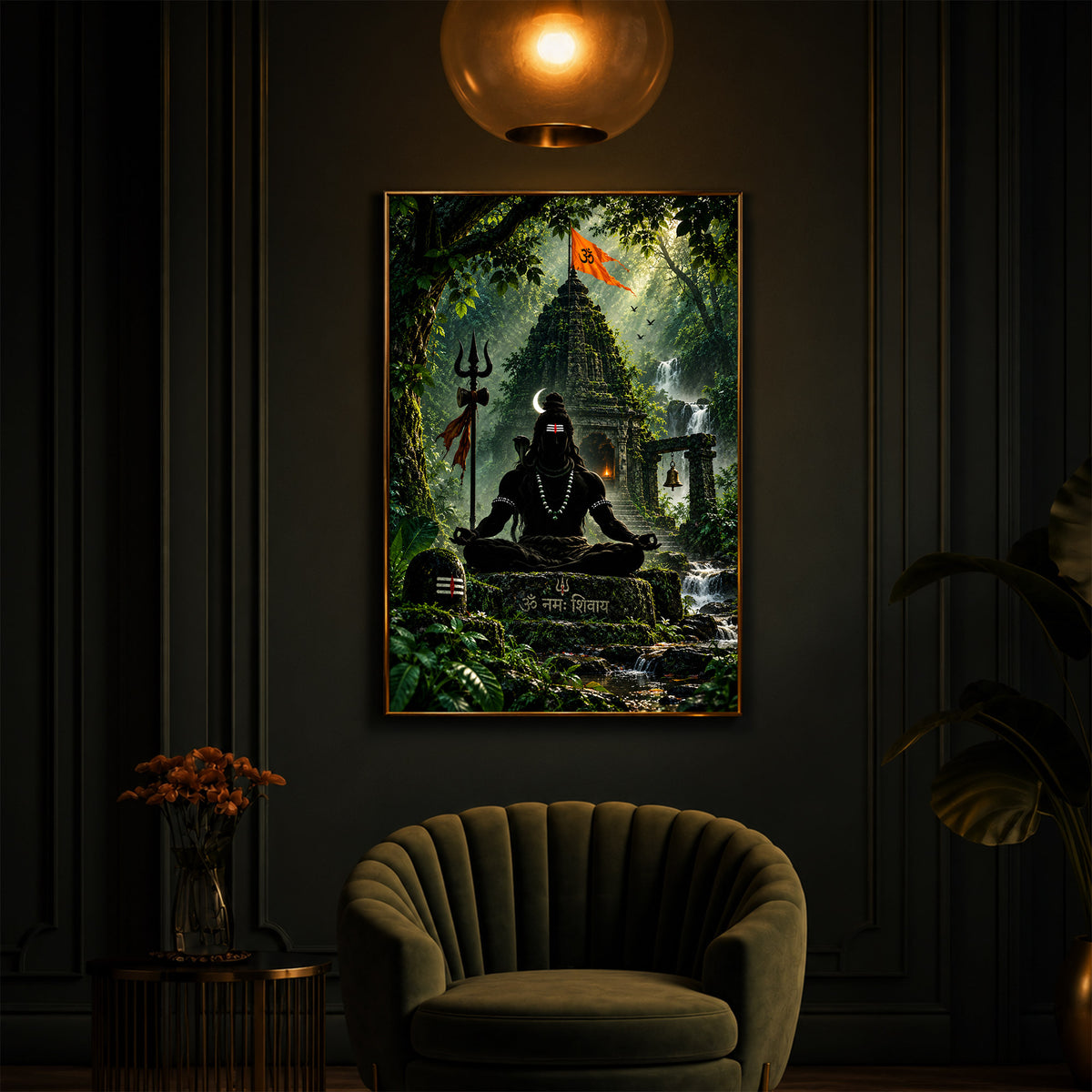 Lord Shiva Meditating In Forest Modern Luxury Backlight Vertical Wall Art