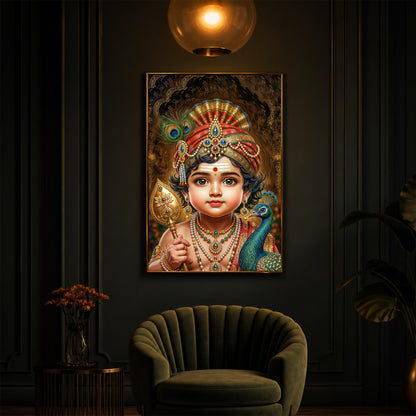 Little Murugan With Peacock Modern Luxury Backlight Vertical Wall Art