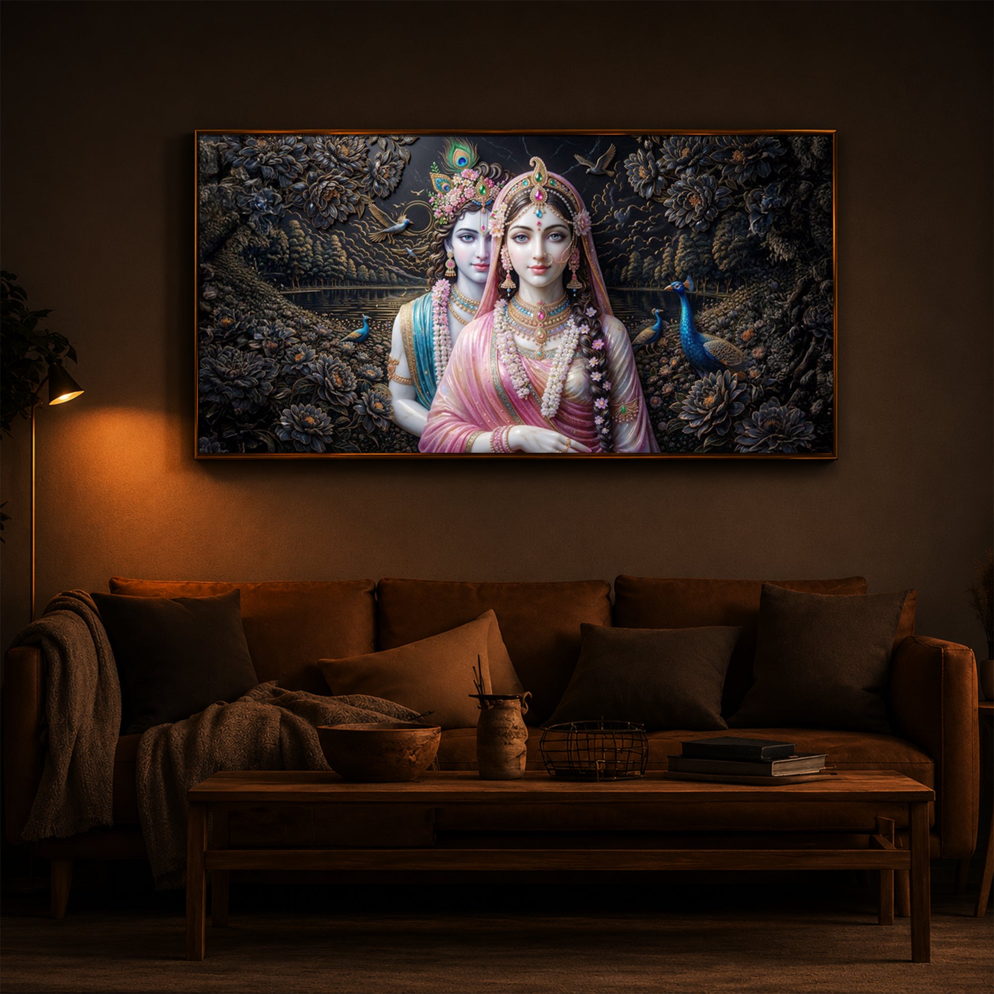 Blissful Radha Krishna Modern Luxury Backlight Horizontal Wall Art