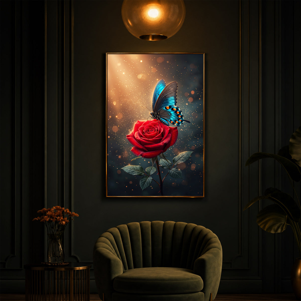 Enchanted Red Rose & Blue Butterfly Modern Luxury Backlight Vertical Wall Art