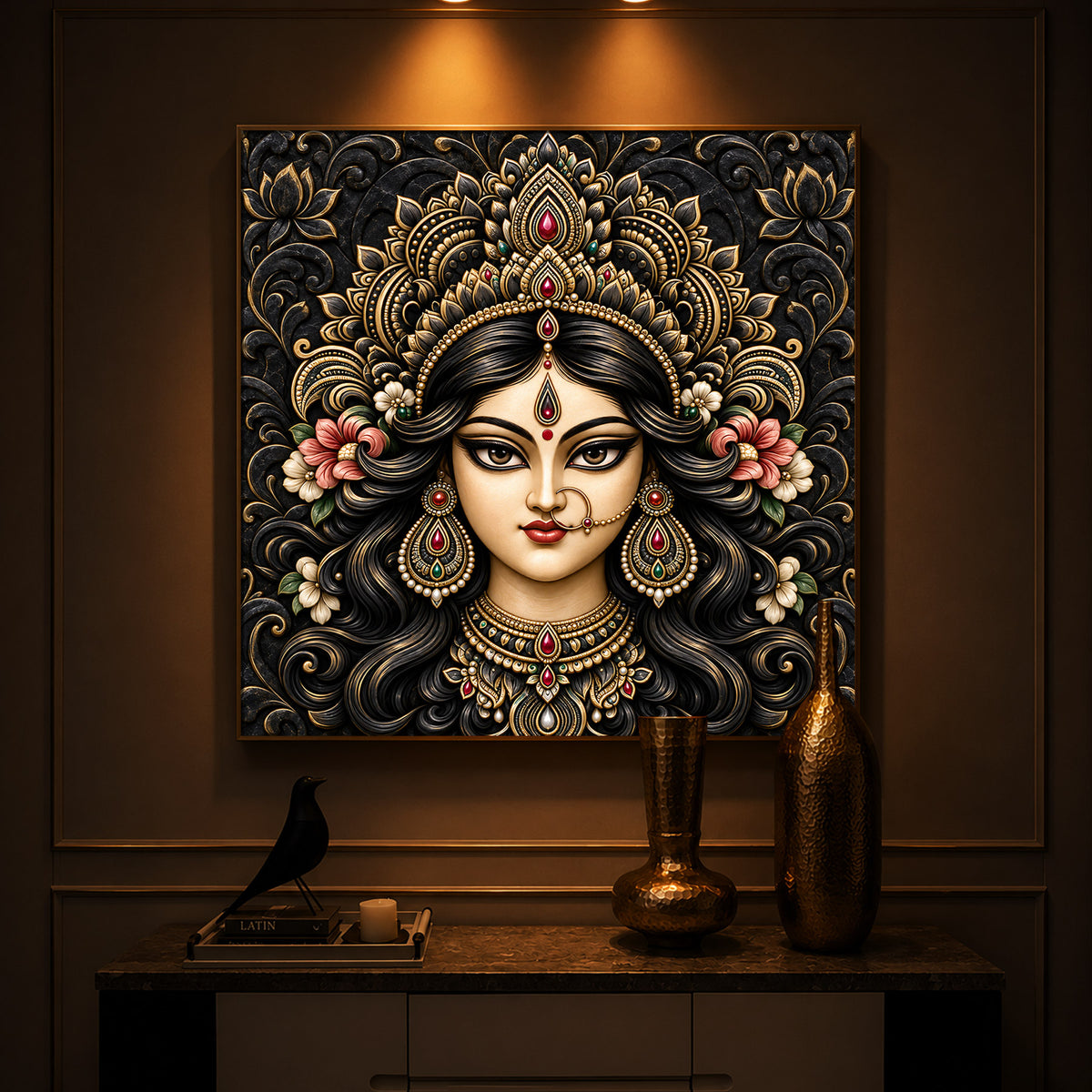 Divine Face of Durga Modern Luxury Backlight Square Wall Art