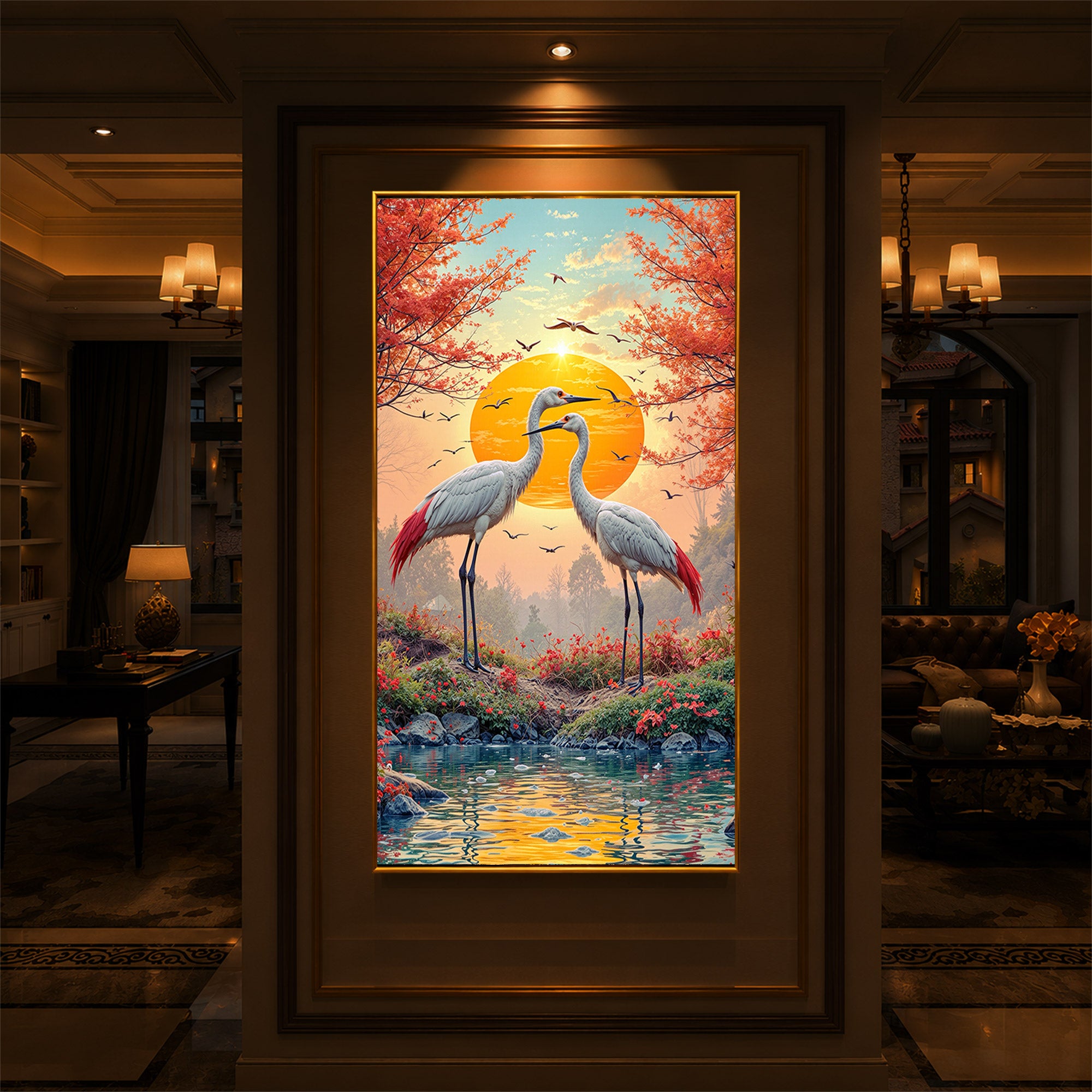 Beautiful Birds Modern Luxury Backlight Vertical Wall Art